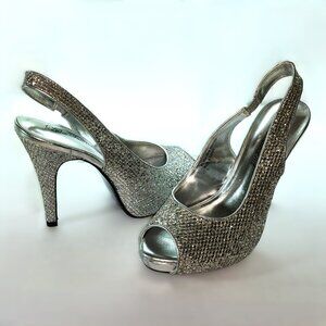 Silver Glitter Slingback High Heel Shoes